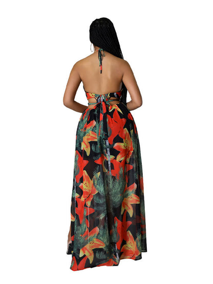 Halter Neck Backless Printed Maxi Dress