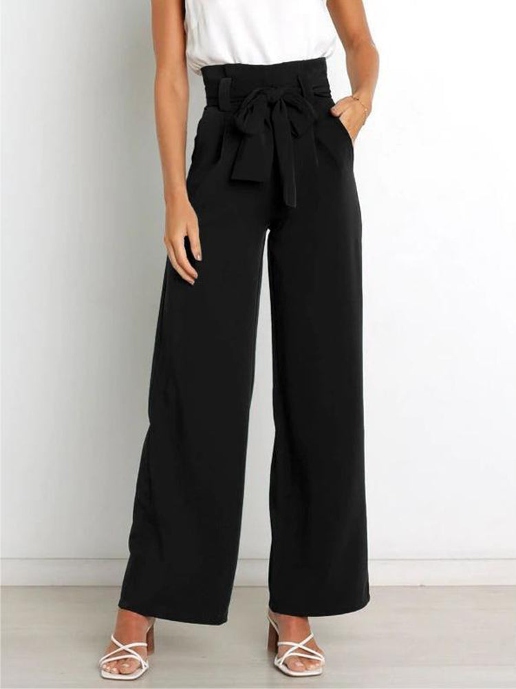 Solid Color Bow Tie Wide Leg Pants