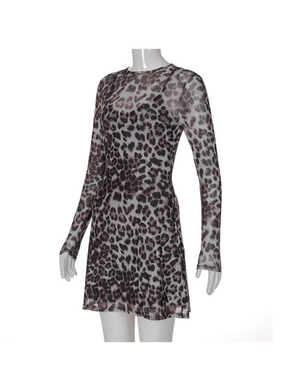 Leopard Print Mesh See-through Dress