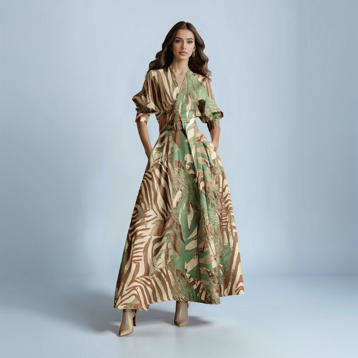 V-Neck Short Sleeve Waist-cinching Printed Maxi Dress with Belt