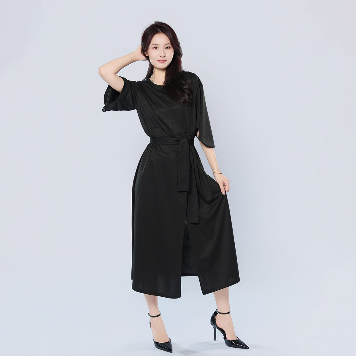 Elegant Solid Color Bat Sleeve Dress