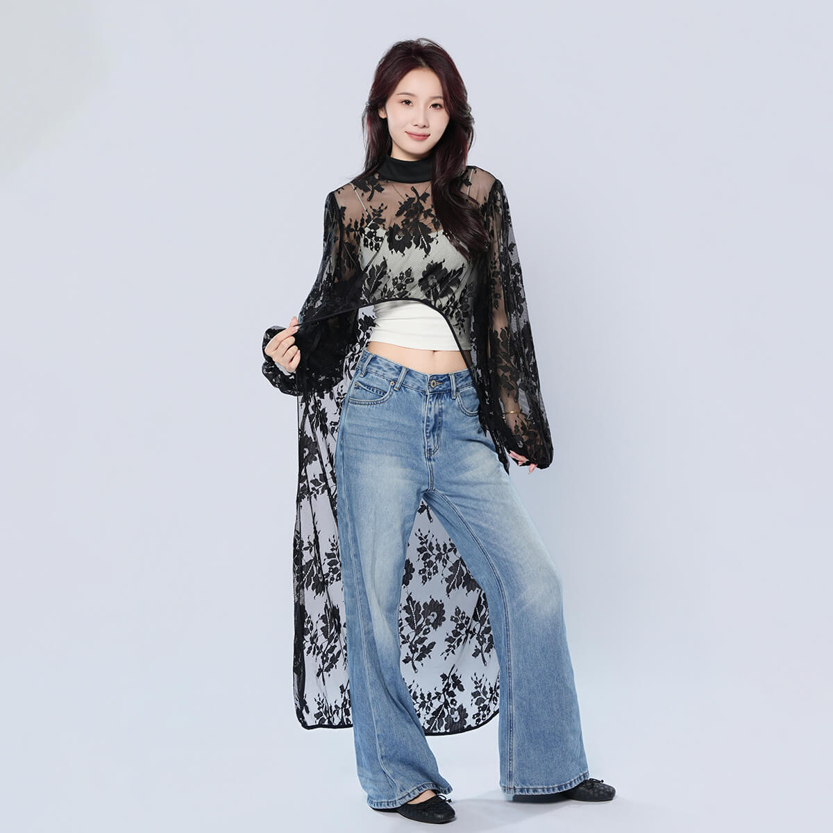 Half Turtleneck Short Front and Long Back Lace See-through Top