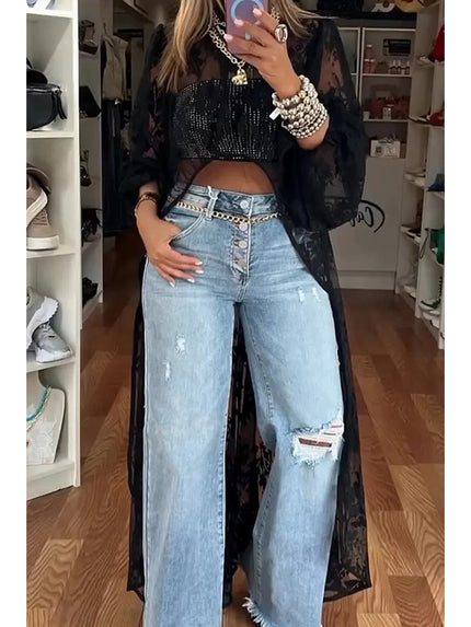 Half Turtleneck Short Front and Long Back Lace See-through Top