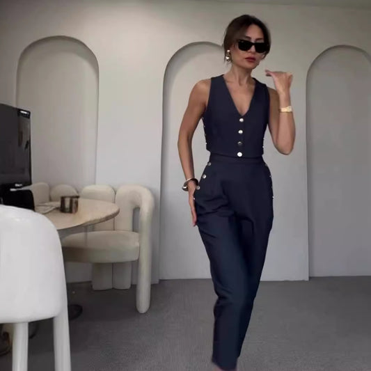 Solid Color Vest and Casual Pants Two Piece Set