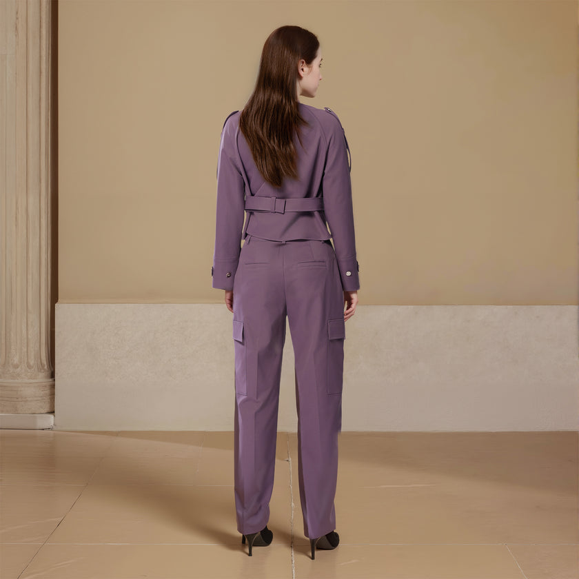 Raglan Sleeves Belted Short Jacket and Pleated Pants Set