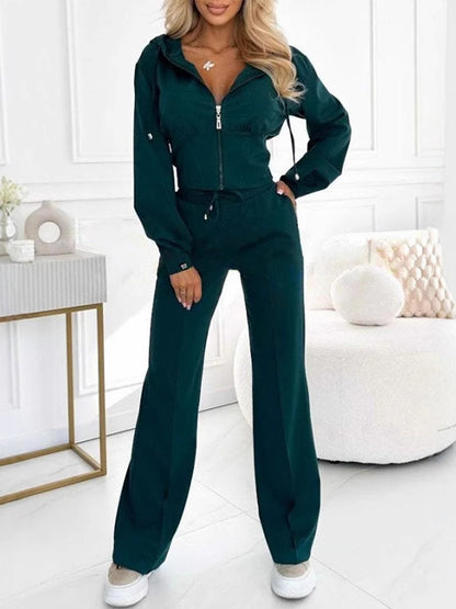 Solid Color Hooded Zip-Up Top and Pants Set