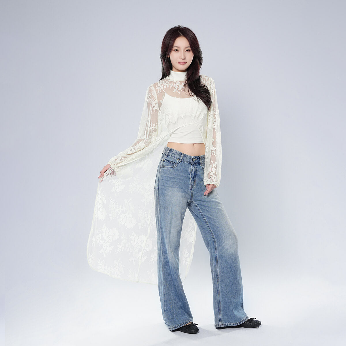 Half Turtleneck Short Front and Long Back Lace See-through Top