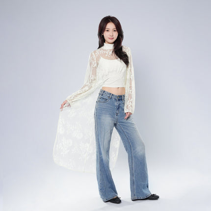 Half Turtleneck Short Front and Long Back Lace See-through Top