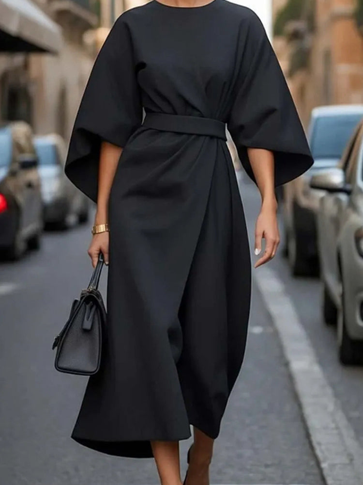 Elegant Solid Color Bat Sleeve Dress