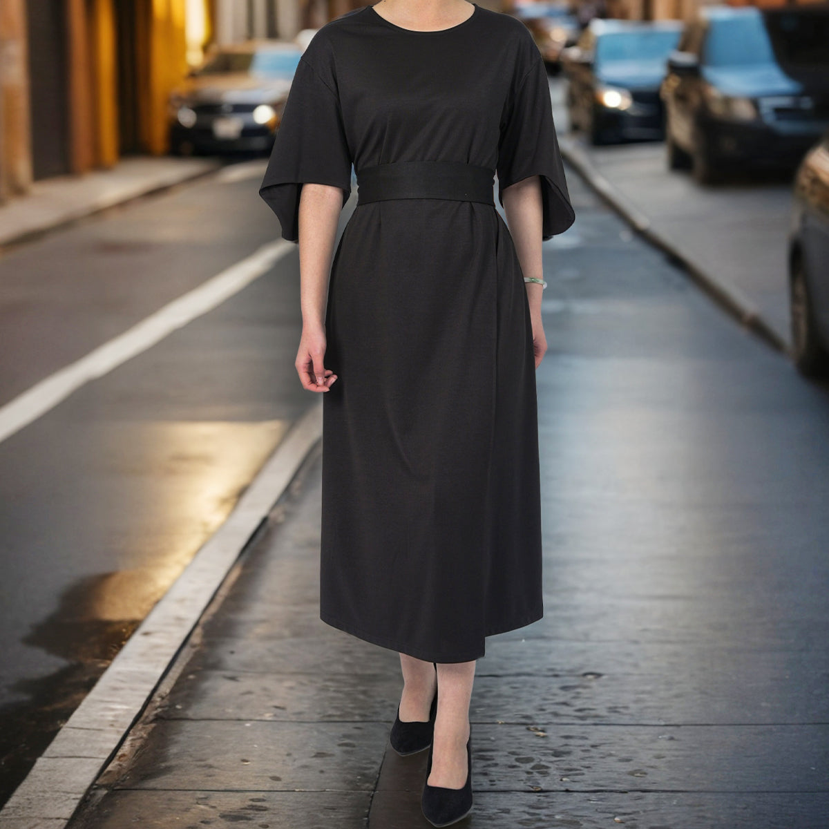 Elegant Solid Color Bat Sleeve Dress