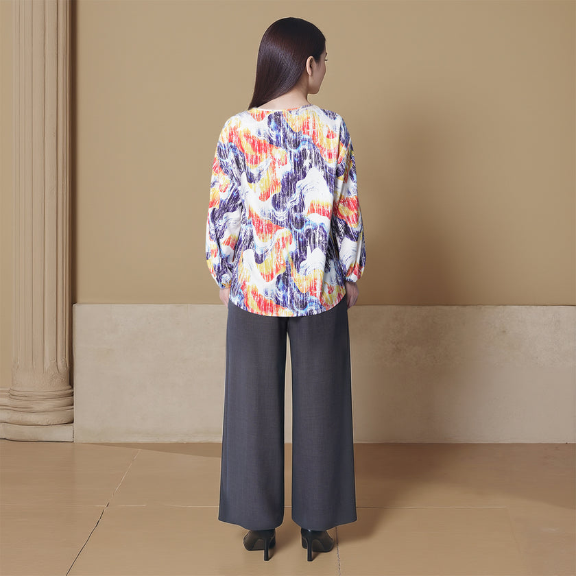 Cross Collar Puff Sleeve Printed Shirt