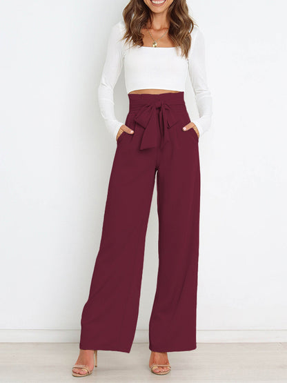 Solid Color Bow Tie Wide Leg Pants