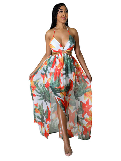 Halter Neck Backless Printed Maxi Dress