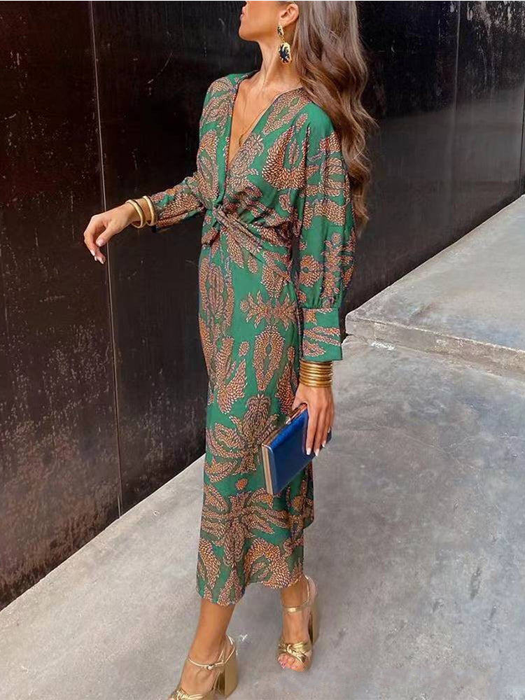 V-neck Long Sleeve Midi Printed Dress