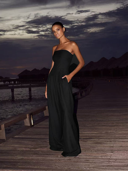 Solid Color Strapless Double Pocket Jumpsuit