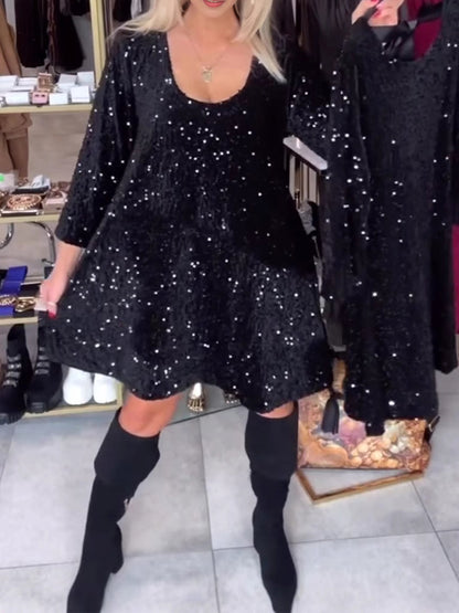 Back Tie Velvet Sequin Long Sleeve Dress