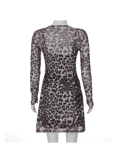 Leopard Print Mesh See-through Dress