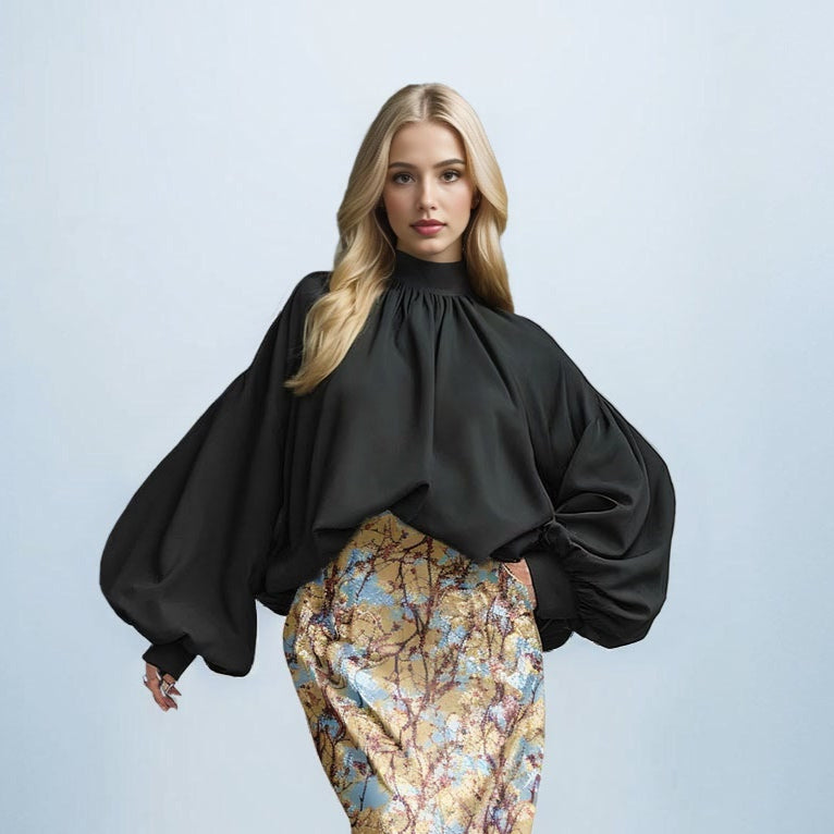 Solid Color High Collar Loose Sleeve Pleated Top