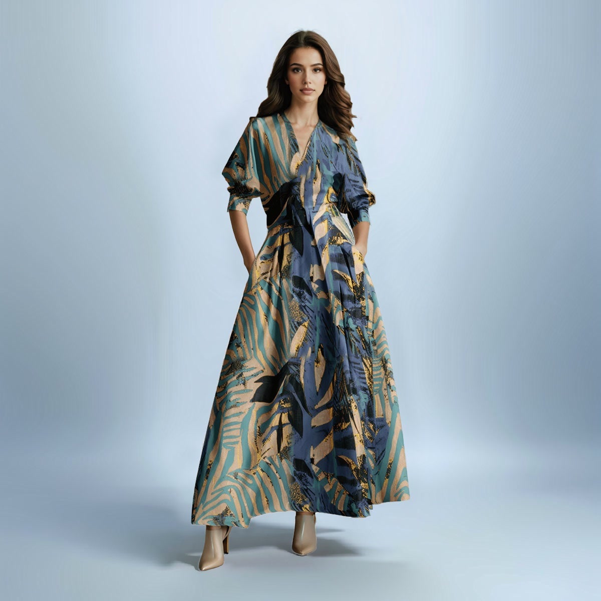 V-Neck Short Sleeve Waist-cinching Printed Maxi Dress with Belt