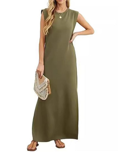 Solid Color Round Neck Side Slit Pocket Dress