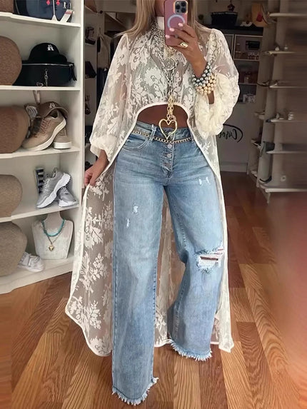Half Turtleneck Short Front and Long Back Lace See-through Top
