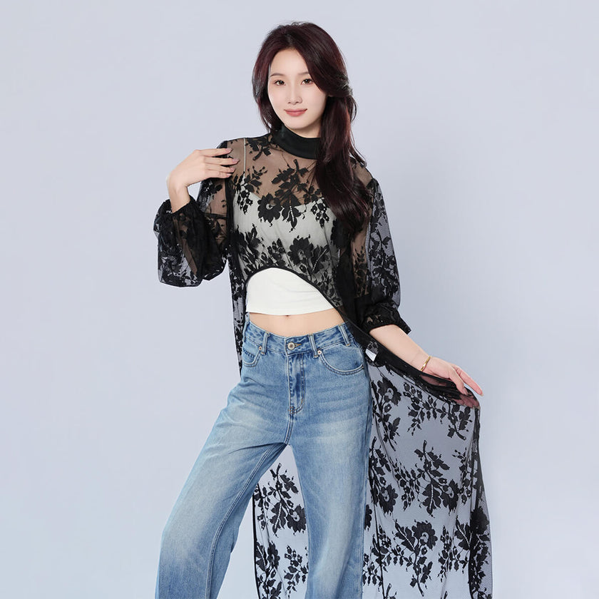 Half Turtleneck Short Front and Long Back Lace See-through Top