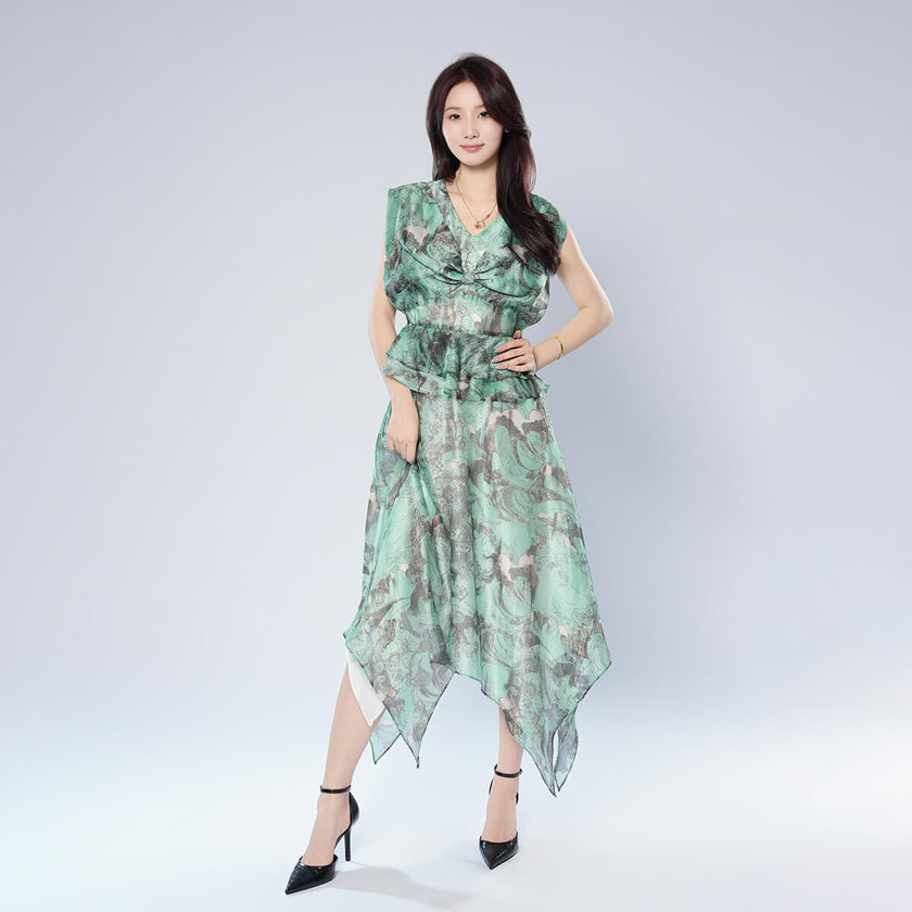 V-neck Waist-cinching Ruffle Design Irregular Hem Dress