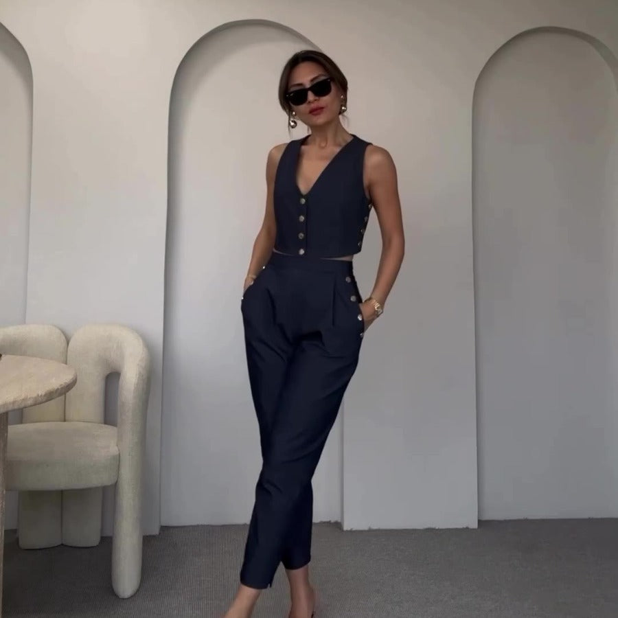 Solid Color Vest and Casual Pants Two Piece Set