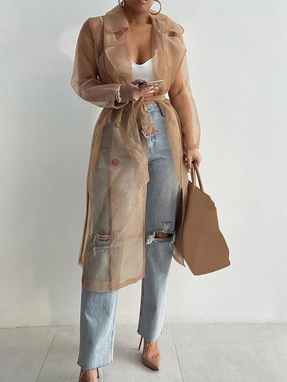 Solid Color Transparent Cardigan Mid-length Shirt Jacket