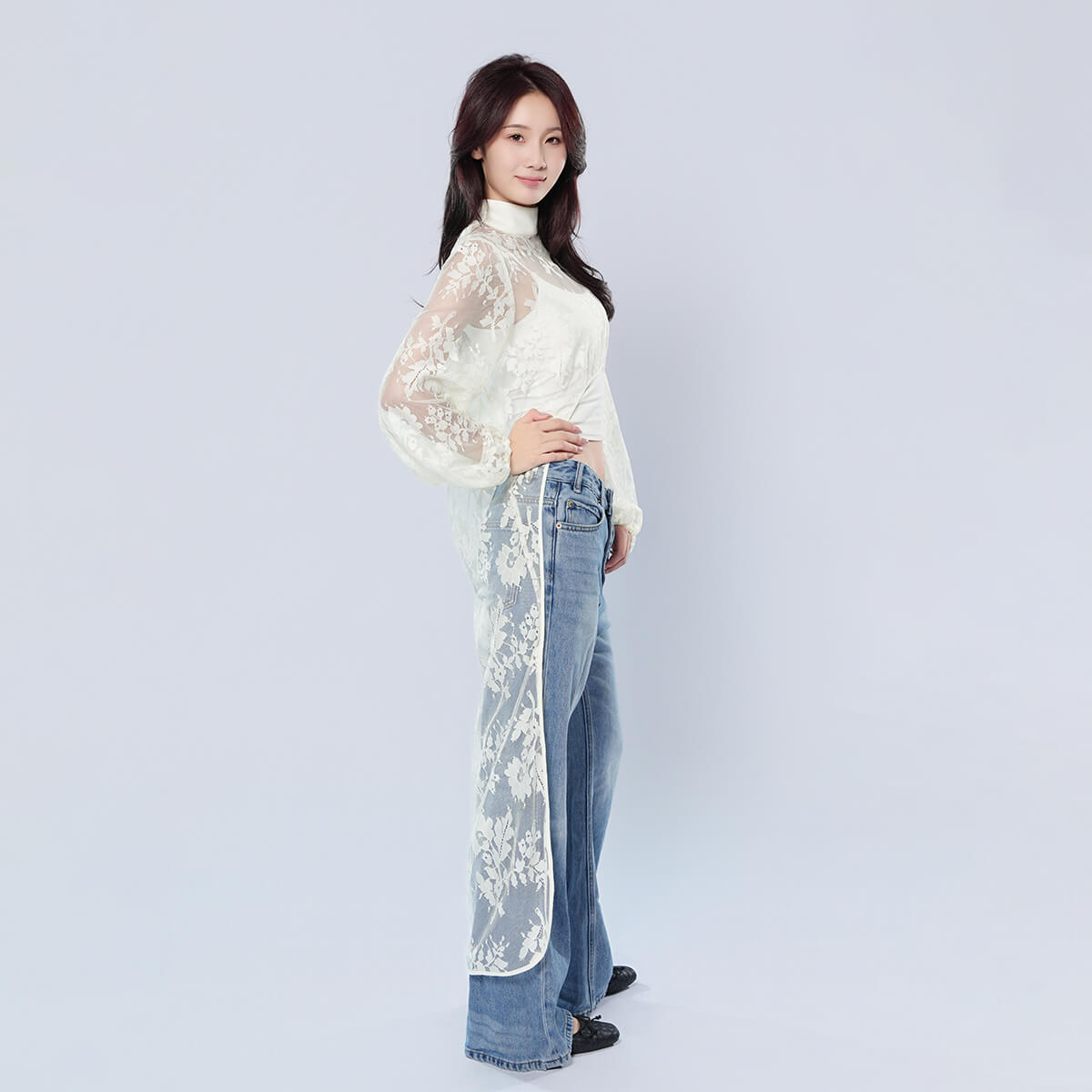 Half Turtleneck Short Front and Long Back Lace See-through Top