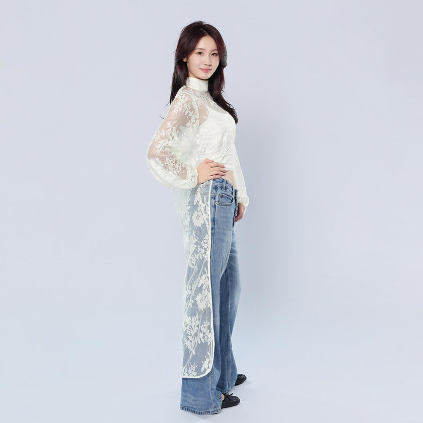 Half Turtleneck Short Front and Long Back Lace See-through Top