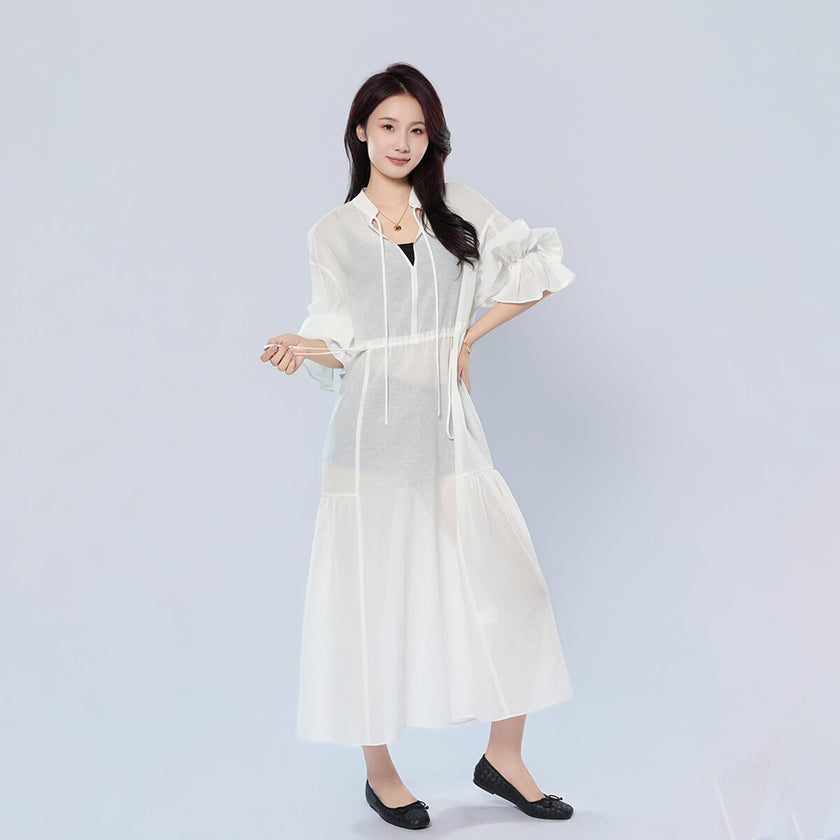 V-neck Long Sleeve Drawstring Waist-cinching Dress
