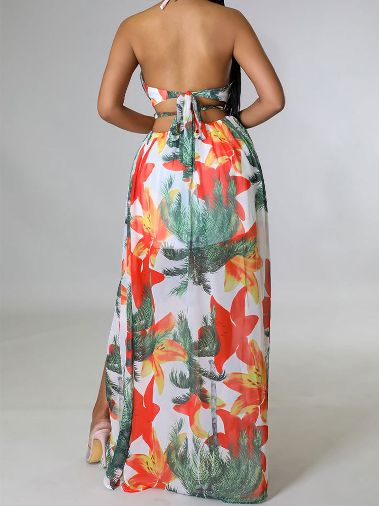 Halter Neck Backless Printed Maxi Dress