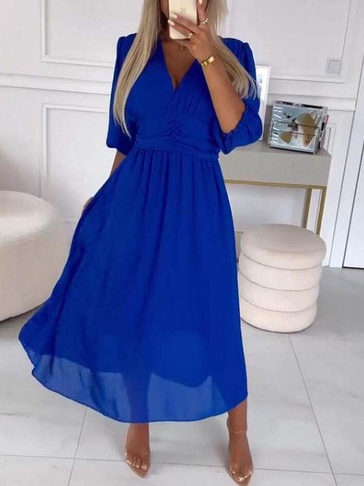 Solid Color V-neck Three-quarter Sleeves Waist Dress