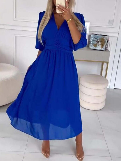 Solid Color V-neck Three-quarter Sleeves Waist Dress