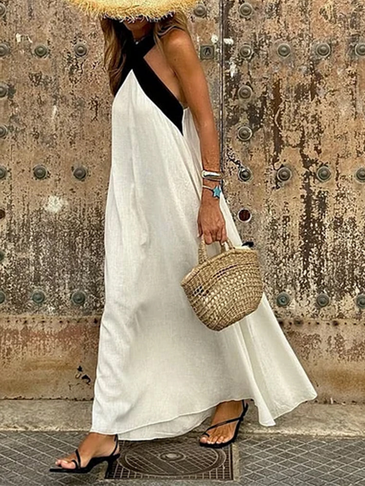 Cross Backless Contrast Color Maxi Dress