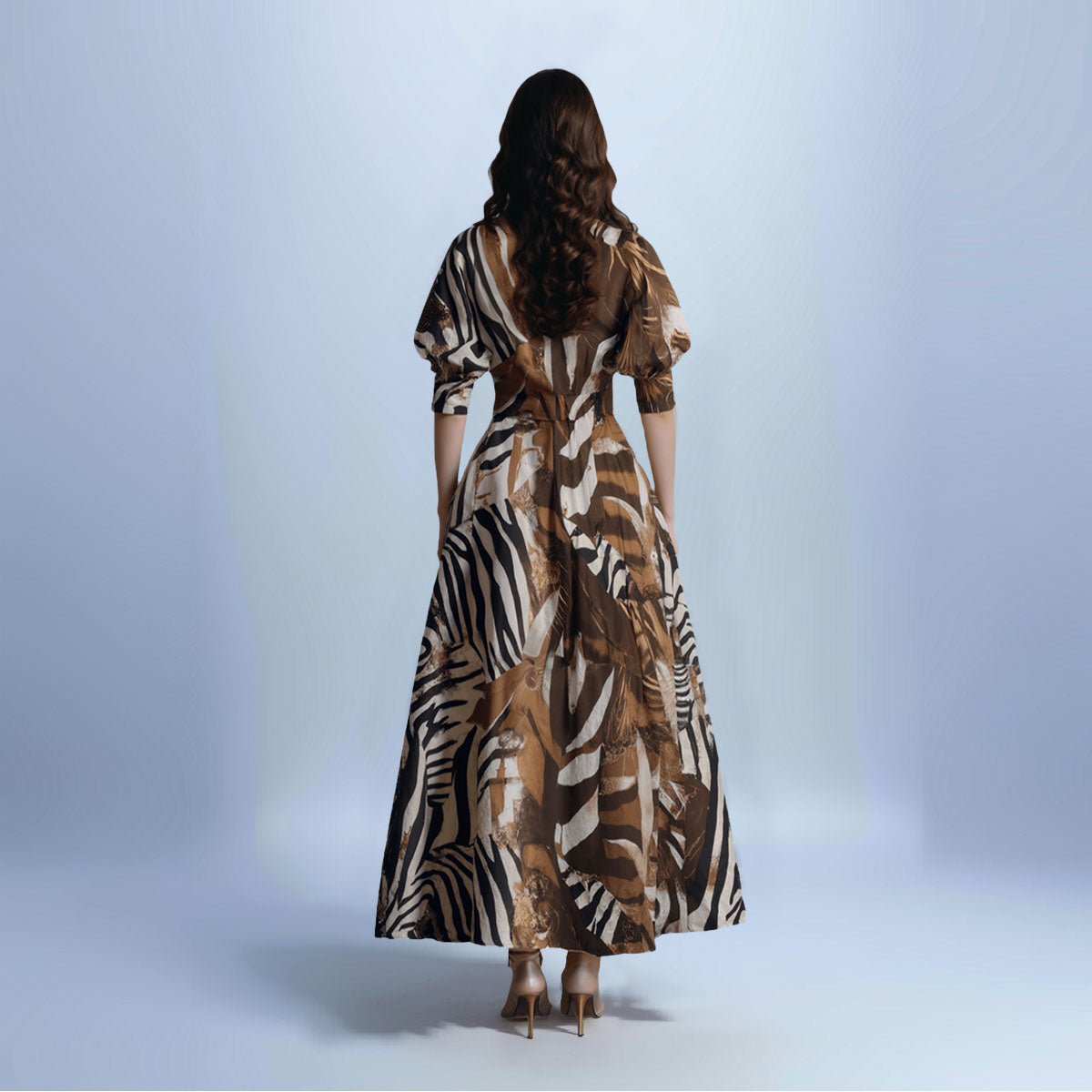 V-Neck Short Sleeve Waist-cinching Printed Maxi Dress with Belt