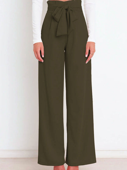 Solid Color Bow Tie Wide Leg Pants