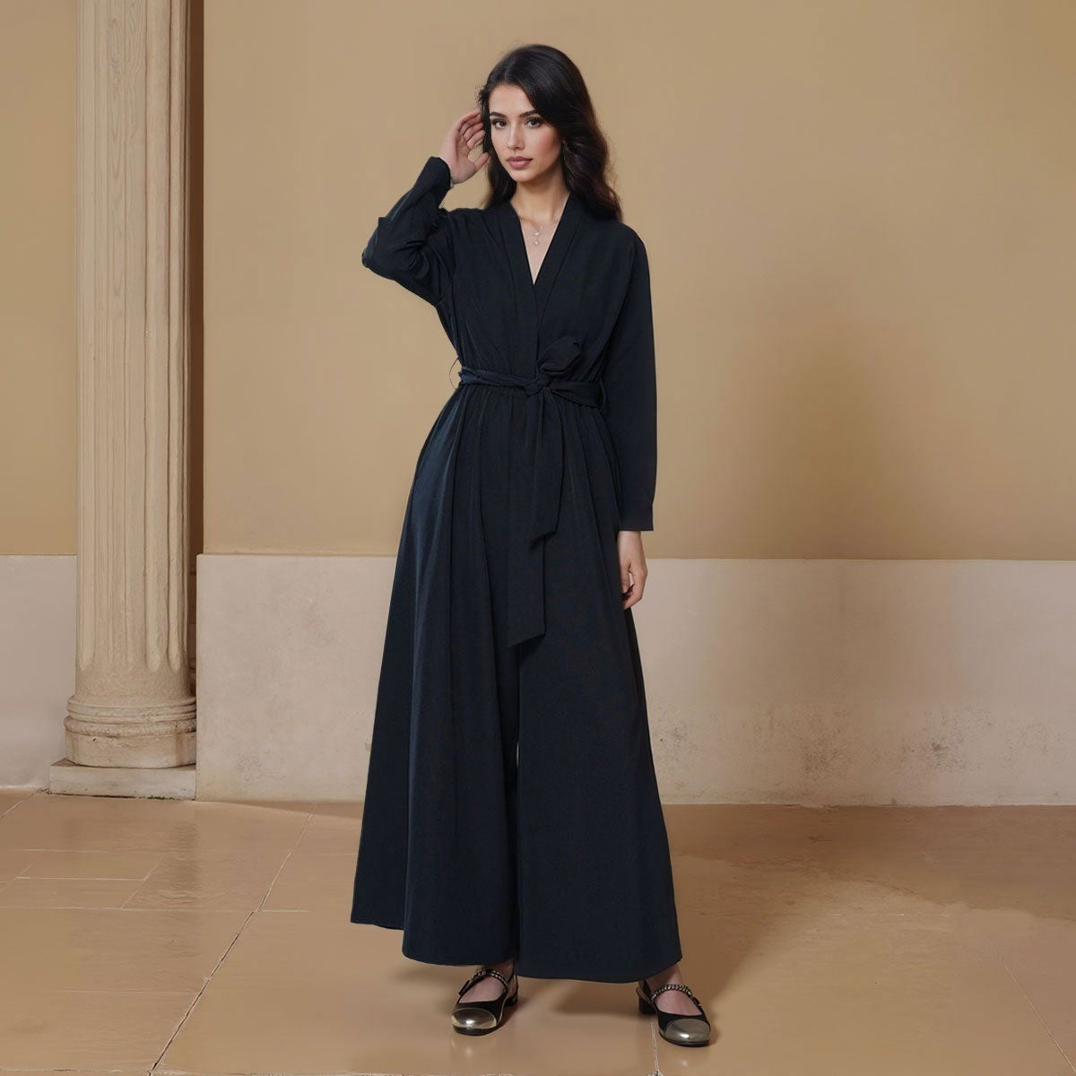 Deep V-neck Long Sleeve Loose Jumpsuit with Belt
