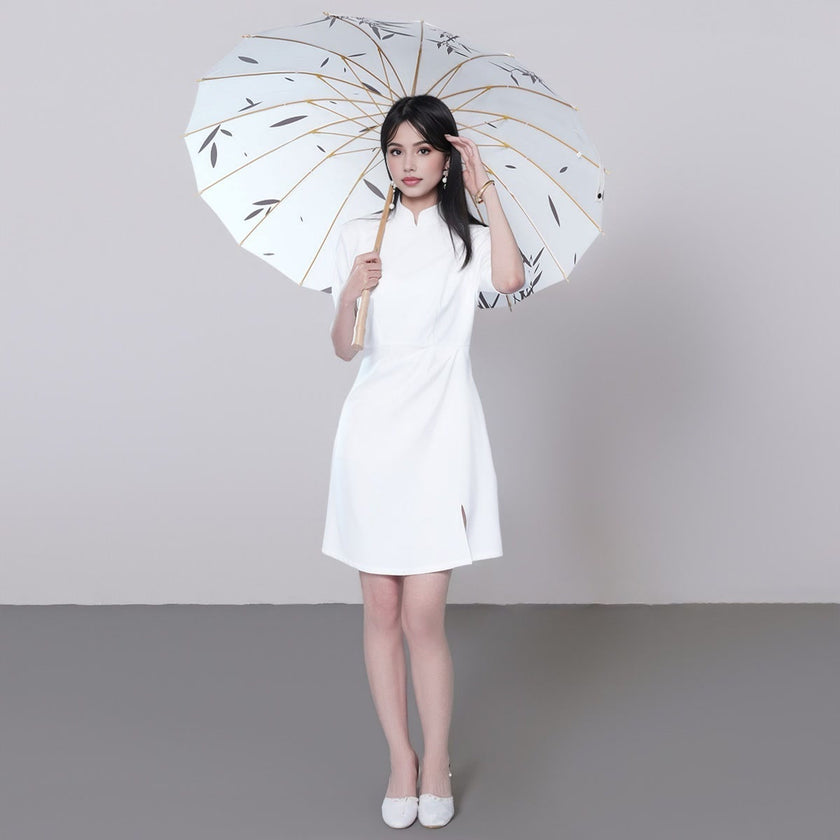 Stand Collar Half Sleeve Side Split Midi Dress