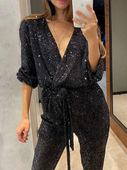 Solid Color V-neck Long Sleeve Sequin Belted Jumpsuit