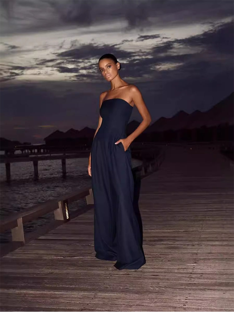 Solid Color Strapless Double Pocket Jumpsuit