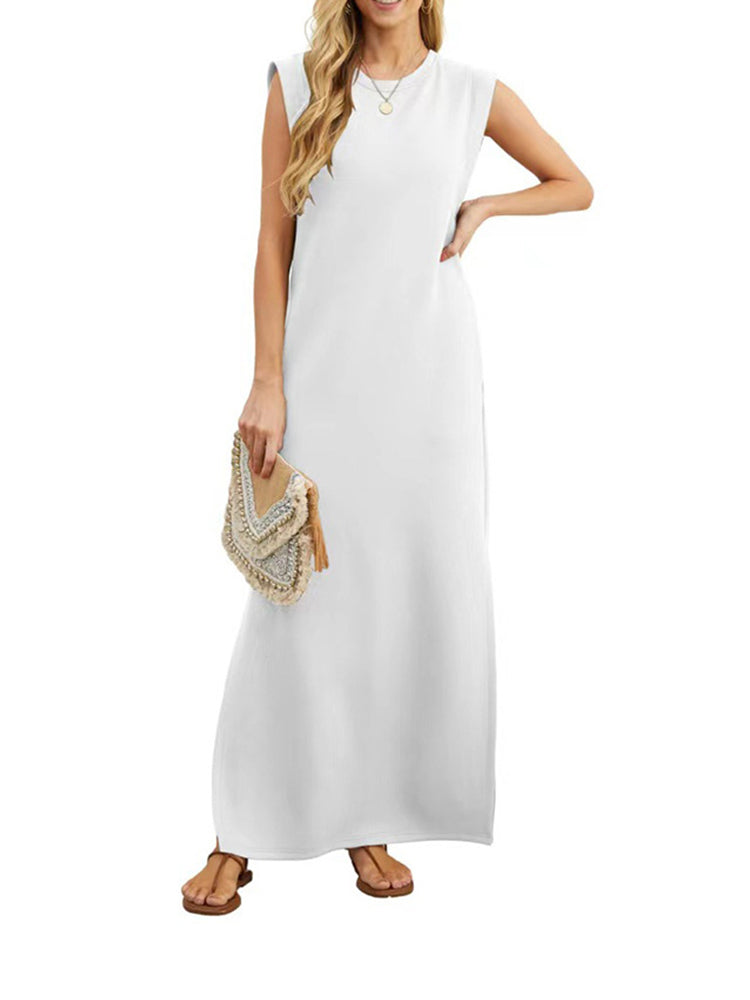 Solid Color Round Neck Side Slit Pocket Dress