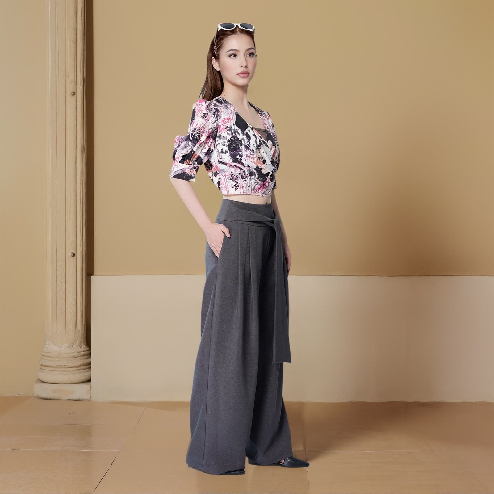 Cross Collar Loose Sleeve Printed Shirt