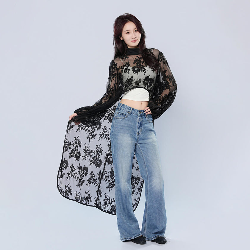 Half Turtleneck Short Front and Long Back Lace See-through Top