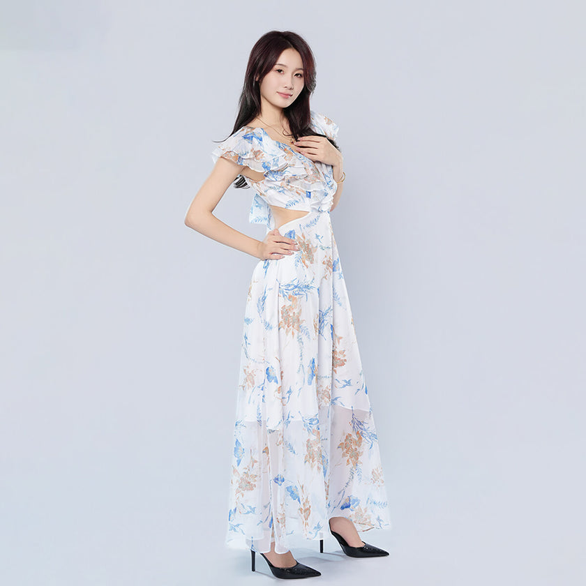 V-neck Ruffle Sleeves Backless Printed Dress