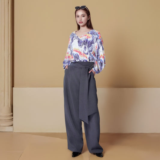 Cross Collar Puff Sleeve Printed Shirt