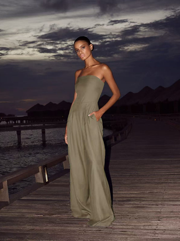 Solid Color Strapless Double Pocket Jumpsuit