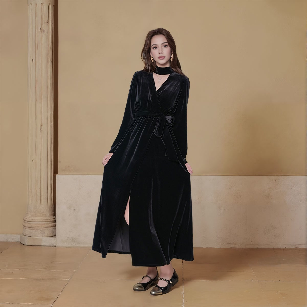 V-neck Long Sleeve Split Maxi Dress with Belt