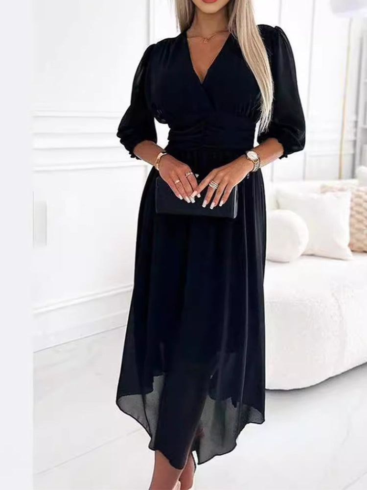 Solid Color V-neck Three-quarter Sleeves Waist Dress